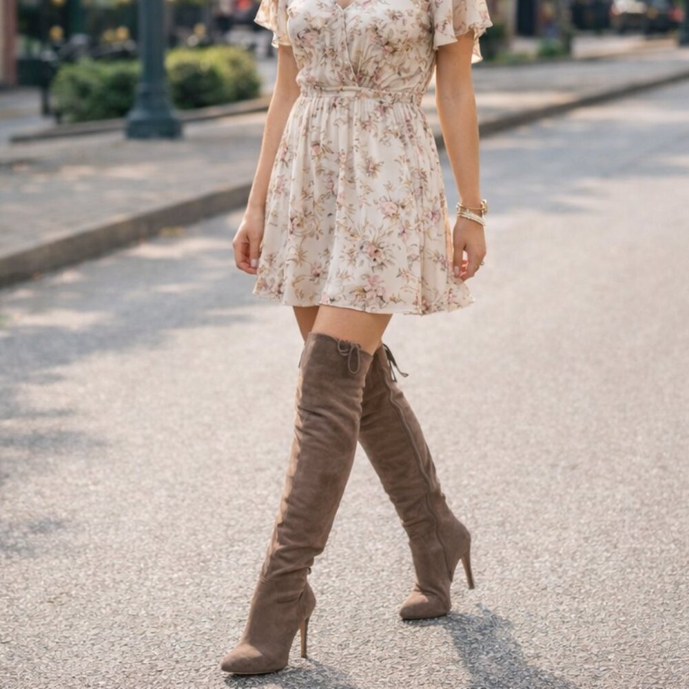 Steve Madden Taupe‎ Suede Platform Knee High Boots Sexy Ruffle Lilianna Size 7
